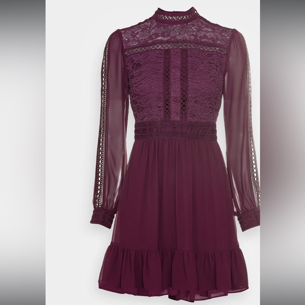 Plum Purple Lace and Ruffle Long Sleeve Dress